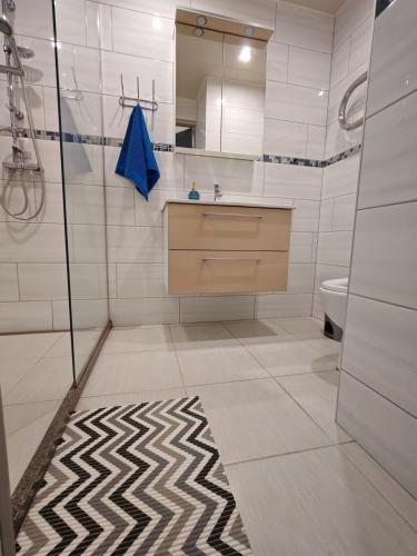 a bathroom with a shower and a sink and a toilet at SEASIDE apartment, sleeps 3 persons in Liepāja