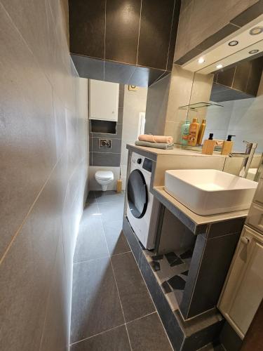une salle de bain avec un lavabo et une machine à laver dans l'établissement Appartement vélodrome, à Marseille