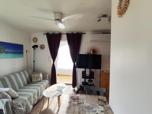 un salon avec un canapé et une fenêtre dans l'établissement Superbe Appartement Tout Confort, au Barcarès