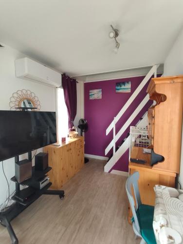 - un salon avec une télévision et un mur violet dans l'établissement Superbe Appartement Tout Confort, au Barcarès