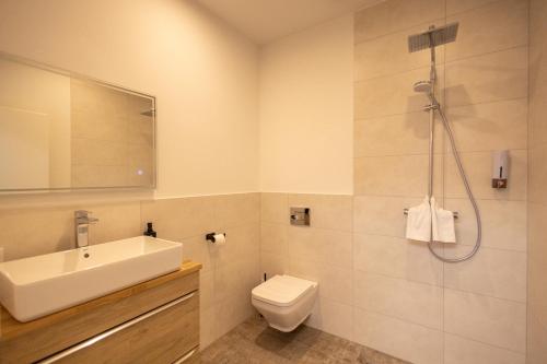 a bathroom with a sink and a toilet and a shower at Havelpension in Rathenow