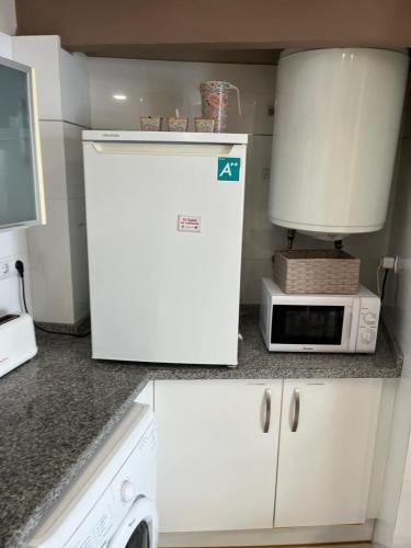 a white refrigerator in a kitchen with a microwave at SELA HOME y Garaje, Algemesi Home in Algemesí