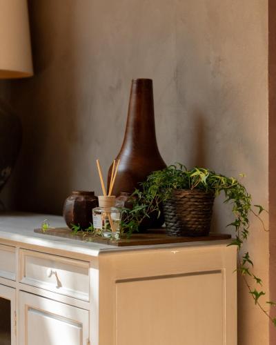 a table with a vase and plants on it at Fleur de Jasmin in Sint-Martens-Latem