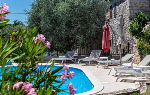 una piscina con sedie a sdraio, un ombrellone e fiori di Villa Orchidea a Višnjan (Visignano)