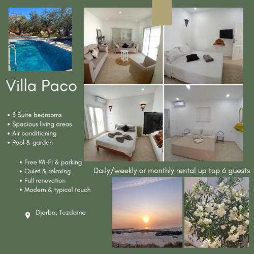 a collage of photos of a hotel room at Chambre Suite Paco avec accès piscine in Midoun