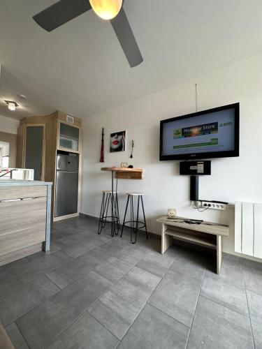 un salon avec une télévision à écran plat au mur dans l'établissement Héliopolis J 201, au Cap d'Agde