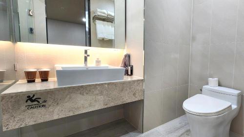 a bathroom with a sink and a toilet and a mirror at Kwangsu Hotel Haeundae in Busan