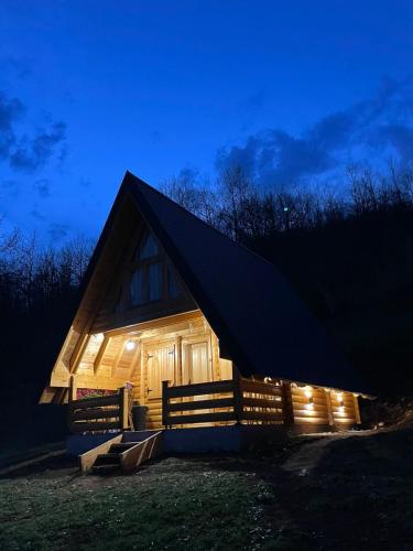 a wooden cabin with a black roof at night at Vista Verde in Žabljak