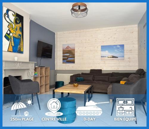 Embruns maison 5 ch 3 sdb belle terrasse aménagée barbecue 250 m de la mer en plein centre d' Arromanches au coeur des plages du débarquement, proximité de Bayeux