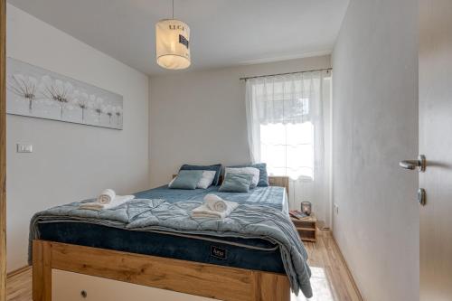 a bedroom with a bed with blue sheets and a window at Neda Apartment In Krasno Among Vineyard - Happy Rentals in Šmartno