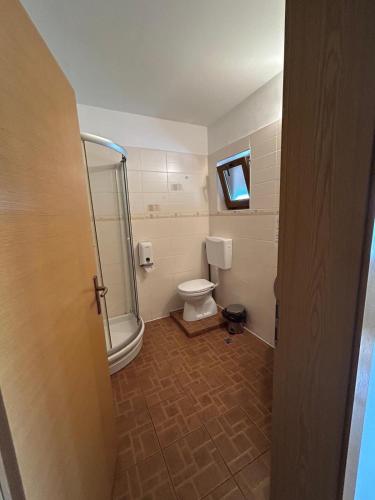 a bathroom with a toilet and a glass shower at Drumul Dragostei in Vintu De Jos