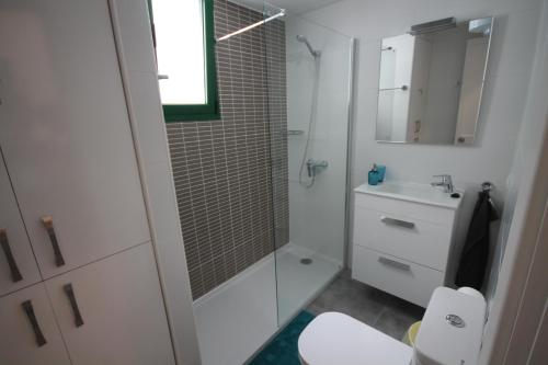 a bathroom with a shower and a toilet and a sink at Casa Linda in Costa Teguise