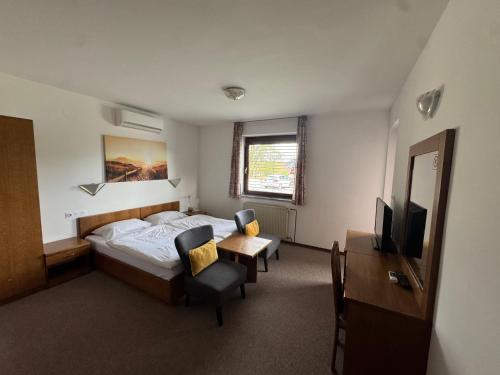 a bedroom with a bed and a desk and a television at Guest House Bakhus in Žerjavka