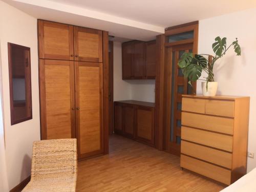 a room with wooden cabinets and a dresser with a plant at Nárcisz 1 in Piliscsaba