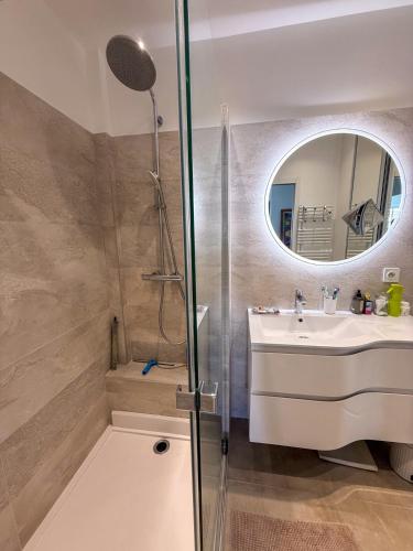 une salle de bain avec une douche, un lavabo et un miroir dans l'établissement Magnifique appartement avec grande terrasse Nice, à Nice