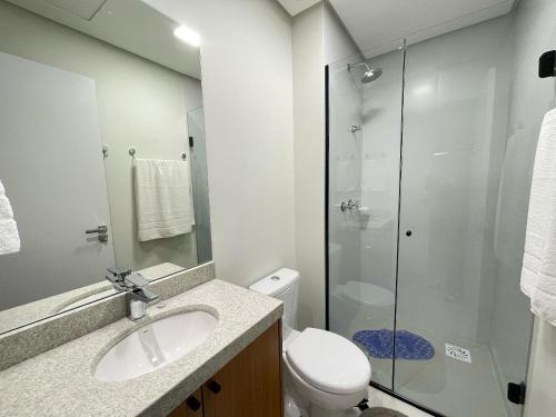 a bathroom with a toilet and a sink and a shower at Santa Maria Aluguel Temporada in Chapecó