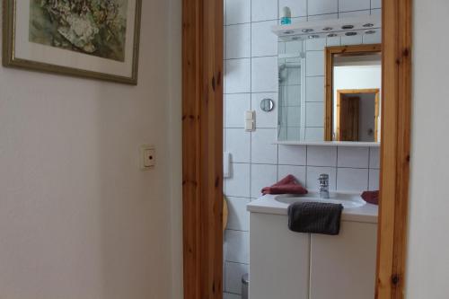 a bathroom with a sink and a mirror at Weingut Loescher-Erben Gästehaus an der Burg in Senheim