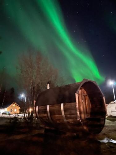 an igloo under the aurora in a field at Villa Hugo in Vidsel