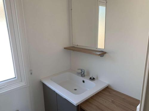 une salle de bain avec un lavabo blanc et un miroir dans l'établissement 731 du bois Dormant Saint Jean de Monts, à Saint-Jean-de-Monts