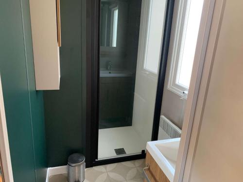 une salle de bain avec une douche avec un lavabo et un miroir dans l'établissement 745 du bois Dormant Saint Jean de Monts, à Saint-Jean-de-Monts