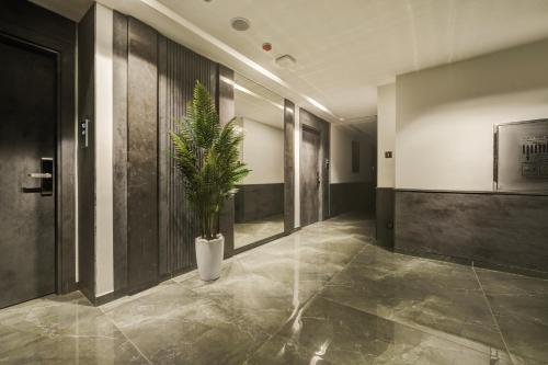 a hallway with a potted plant in a building at Coral Beach Hotel & Spa in Aqaba