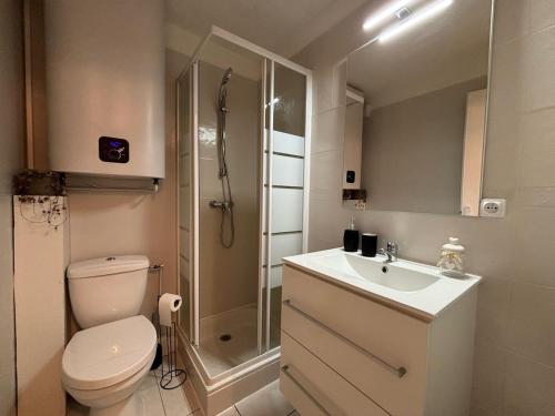 une salle de bain avec toilettes, douche et lavabo dans l'établissement Studio with pool and tennis, à Fréjus