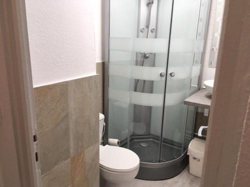 une salle de bain avec une douche, des toilettes et un lavabo dans l'établissement Studio 4 pers - balcon sud pieds des pistes - FR-1-404-4, à La Mongie