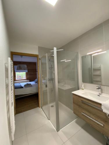 une salle de bain avec une douche et un lavabo et un lit dans l'établissement Appartement Chantemerle, à Saint-Chaffrey