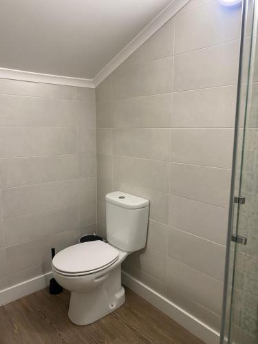a bathroom with a toilet and a glass shower at Sítio 4 in Nazaré