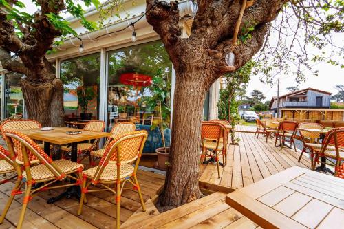 une terrasse en bois avec des tables, des chaises et un arbre dans l'établissement Au Bon Landais Surf Hôtel Guinguette, à Biscarrosse-Plage