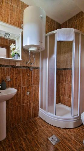 a bathroom with a shower and a sink at Evropa Lux Apartments in Budva