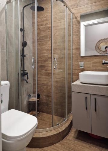 a bathroom with a shower and a toilet and a sink at Villa Magdalena in Nikiti