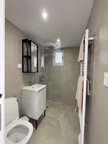 une salle de bain avec toilettes, lavabo et douche dans l'établissement Uniek vakantiehuis aan het strand, à Saint-Pierre-dʼOléron