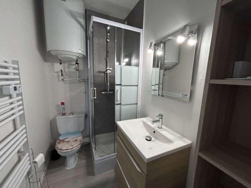 une salle de bain avec une douche, un lavabo et des toilettes dans l'établissement Studio rénové, 2 couchages, mer, commerces, 6e étage, TV, balcon, animaux admis - FR-1-224C-138, à Saint-Jean-de-Monts