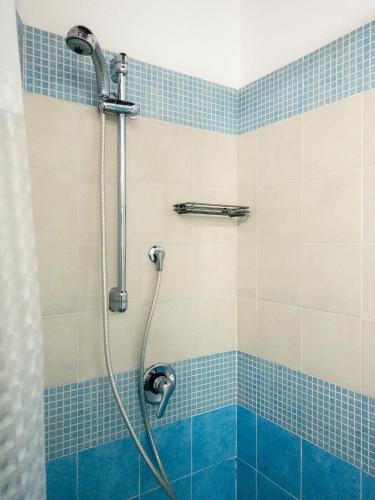 a bathroom with a shower with blue tile at Agriturismo Guparza in Posada