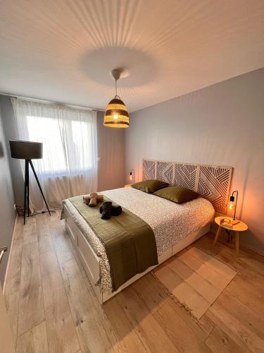 une chambre avec un grand lit et une lampe dans l'établissement Charming apartment Sablon, à Metz