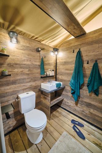 une salle de bain avec toilettes et lavabo dans l'établissement Le Verger de Jastres, à Saint-Didier-sous-Aubenas