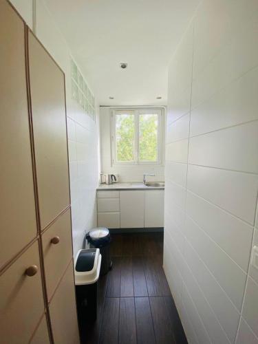 une petite salle de bain avec un lavabo et une fenêtre dans l'établissement Appartement Porte d'Orléans Paris, à Paris