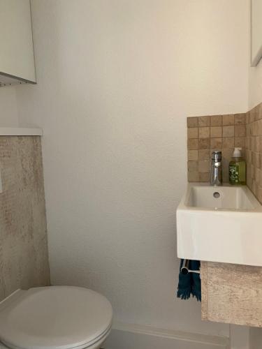 une salle de bain avec des toilettes blanches et un lavabo dans l'établissement Petit Port, à Cogolin