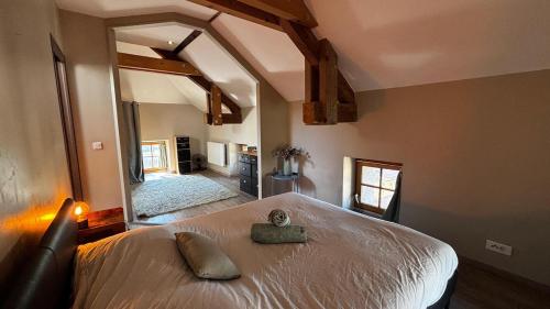 une chambre avec un grand lit et un grand miroir dans l'établissement Le Médiéval dernier étage dans le centre historique, à La Roche-sur-Foron