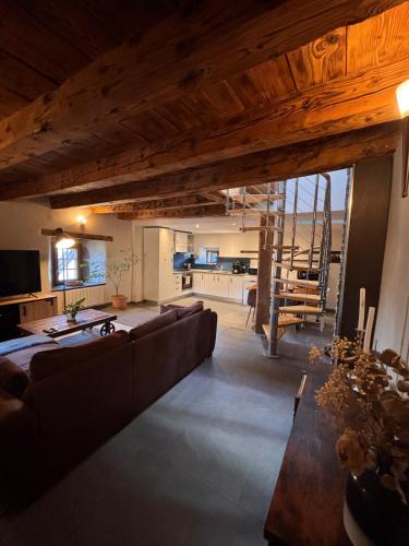 Il comprend un grand salon avec des canapés et une cuisine. dans l'établissement Le Médiéval dernier étage dans le centre historique, à La Roche-sur-Foron