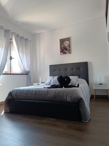 a bedroom with a bed with a black cat laying on it at Reis Apartment in Porto