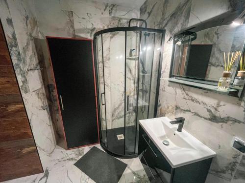 a bathroom with a shower and a white sink at Apartament Nad Łabuńką in Zamość