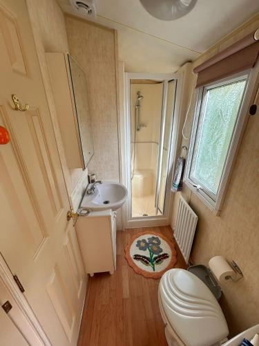 a small bathroom with a toilet and a sink at Grannys Vintage Coastal Caravan in Kippford