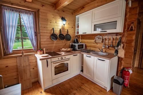 a kitchen in a log cabin with a stove and a sink at Private Cabin in the Woods in Žabljak