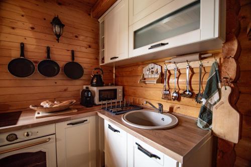 a kitchen with wooden walls and a sink and a stove at Private Cabin in the Woods in Žabljak
