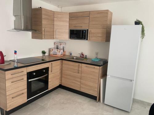 une cuisine avec des armoires en bois et un réfrigérateur blanc dans l'établissement Boetman 2, à Saint-Raphaël