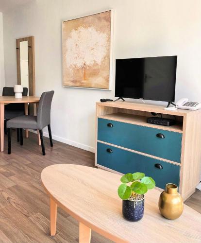 un salon avec une télévision sur une commode dans l'établissement Zenao Appart'hôtels Wintzenheim, à Wintzenheim