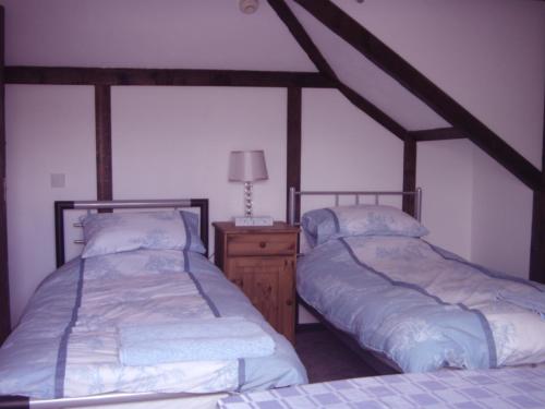 a bedroom with two beds and a table with a lamp at Bluebell Cottage in Staines