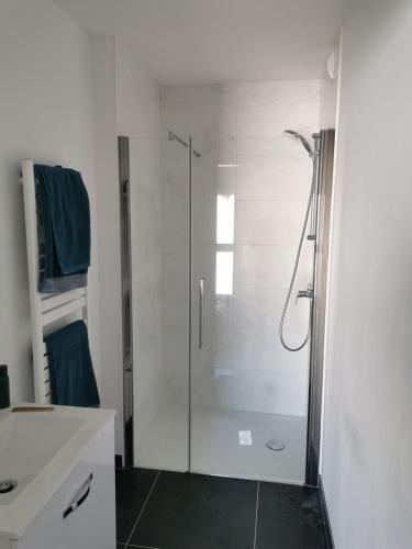une salle de bain avec une douche avec une porte vitrée dans l'établissement 2 room Apartment terrace near beach, à La Celle-sous-Gouzon